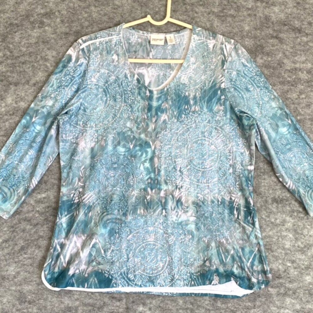 Chicos Zynergy Womens Top Size 1 Medium Green Embellished 3/4 Sleeve Stretch